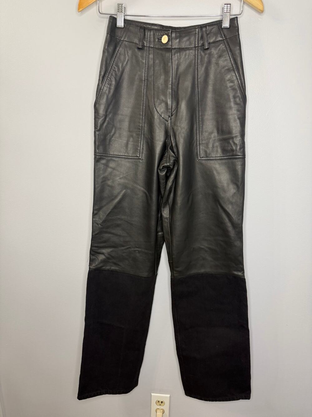 Deadwood Black Recycled Leather Pants Straight-leg Denim Panel at Lower Leg 34
